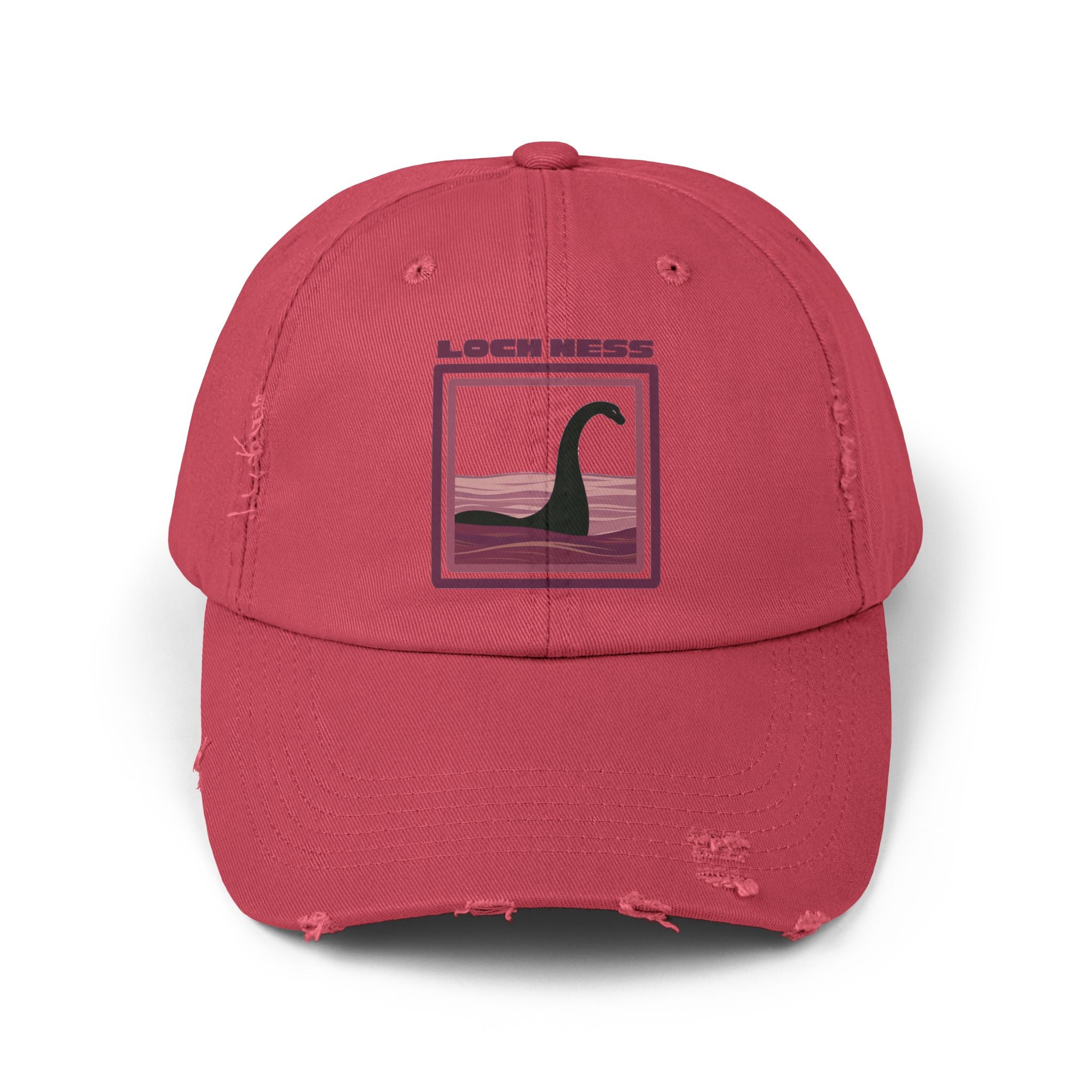Loch Ness Monster: Unisex Distressed Cap, Adjustable Strap, Casual Outdoor Style (Maroon)