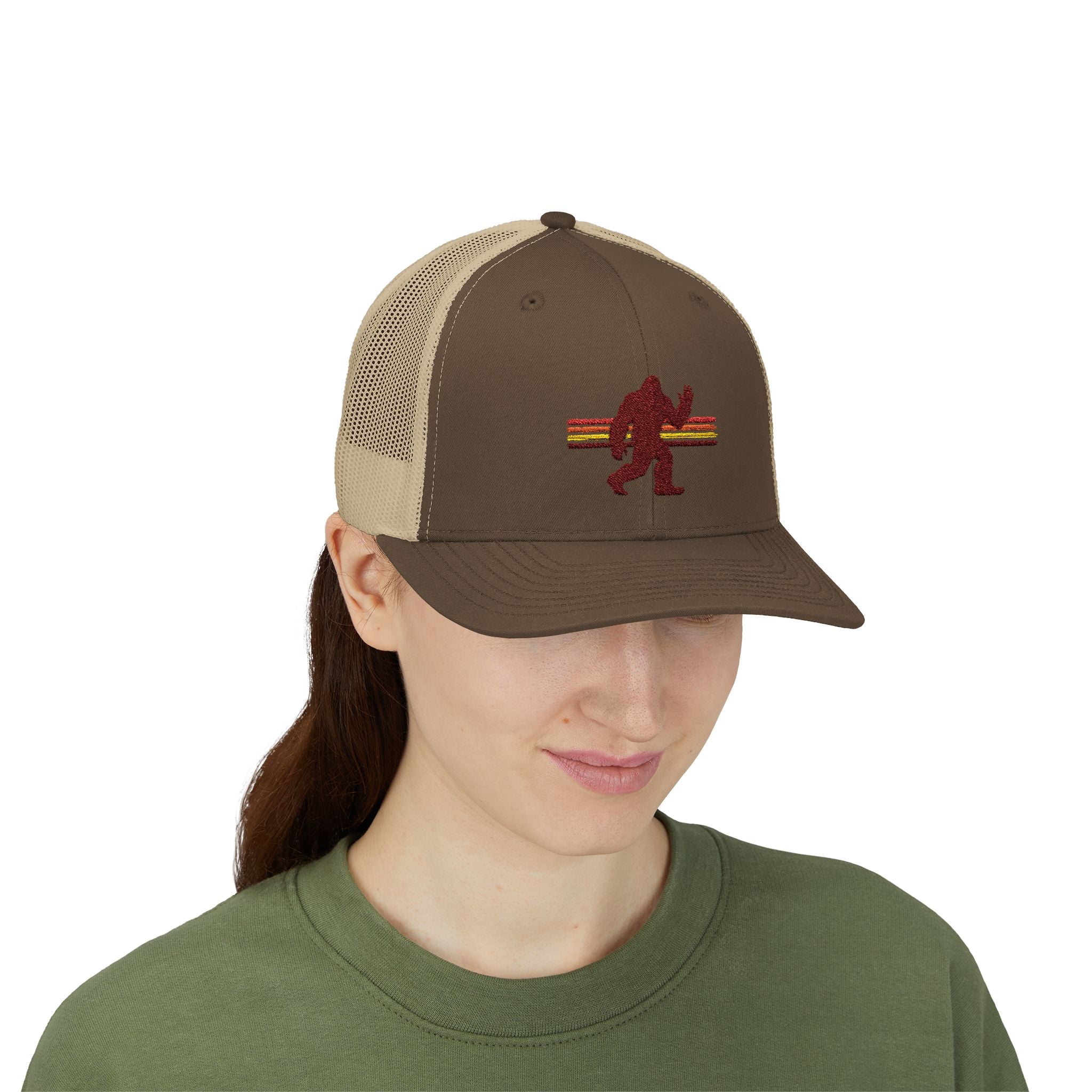 Bigfoot Trucker Hat: Embroidered Baseball Cap, Sasquatch Snapback Hat