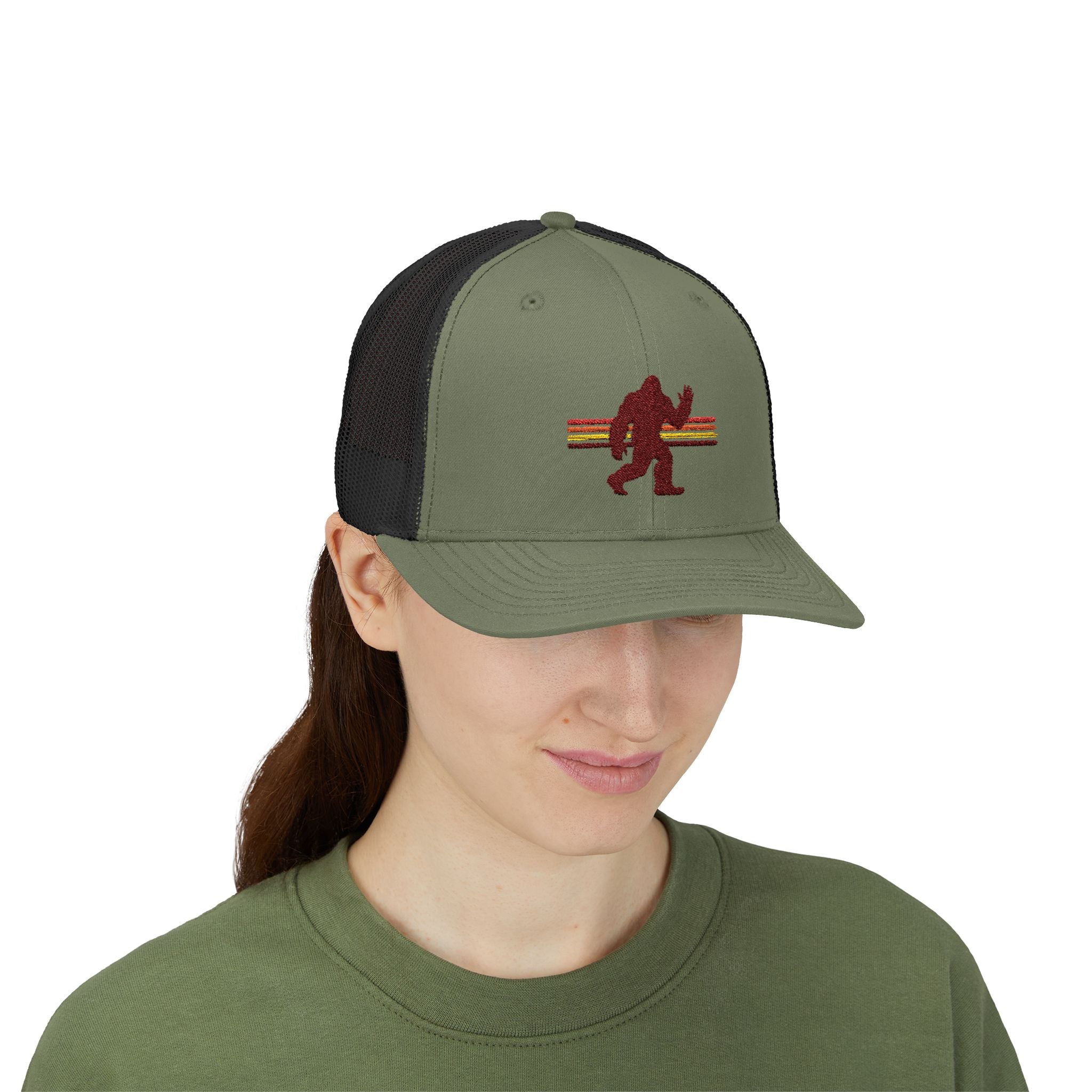 Bigfoot Trucker Hat: Embroidered Baseball Cap, Sasquatch Snapback Hat