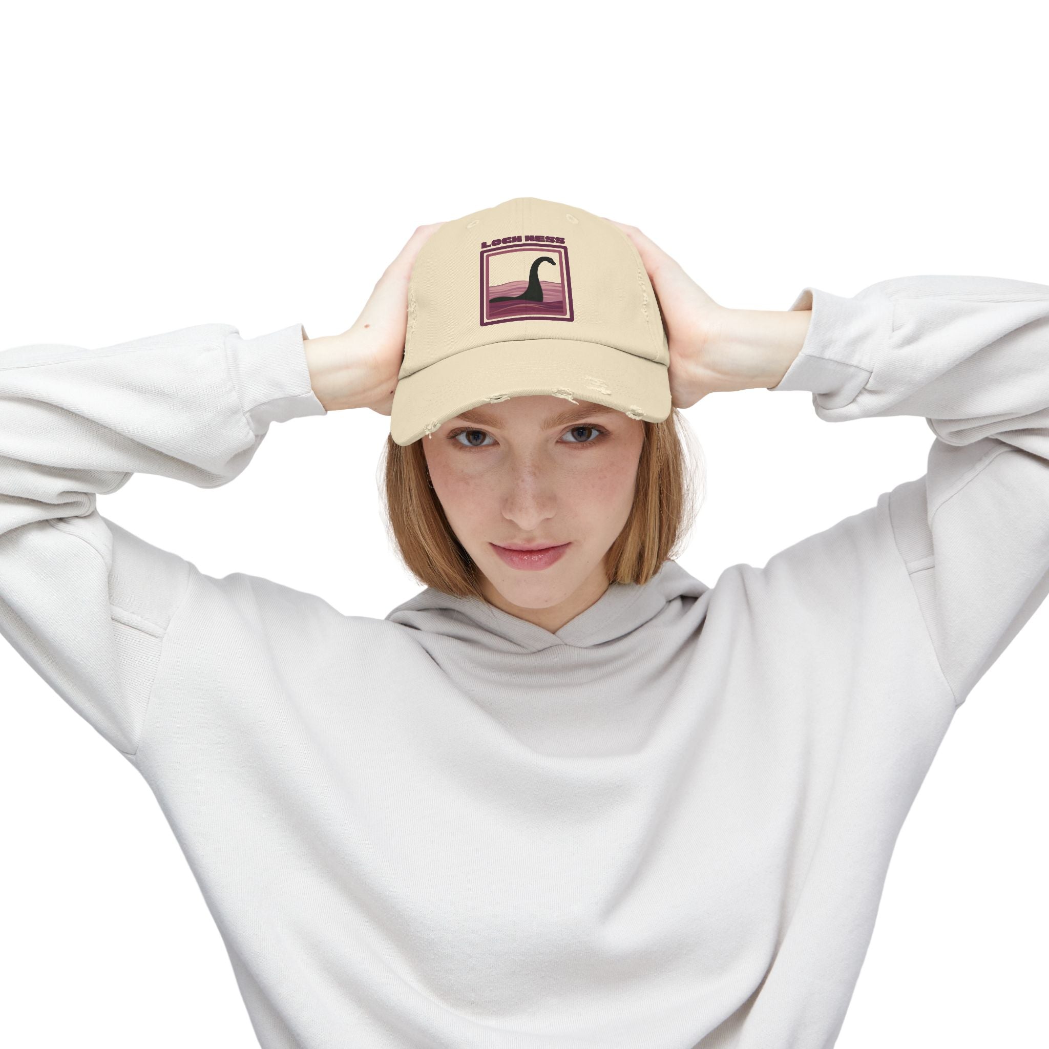 Loch Ness Monster: Unisex Distressed Cap, Adjustable Strap, Casual Outdoor Style (Maroon)