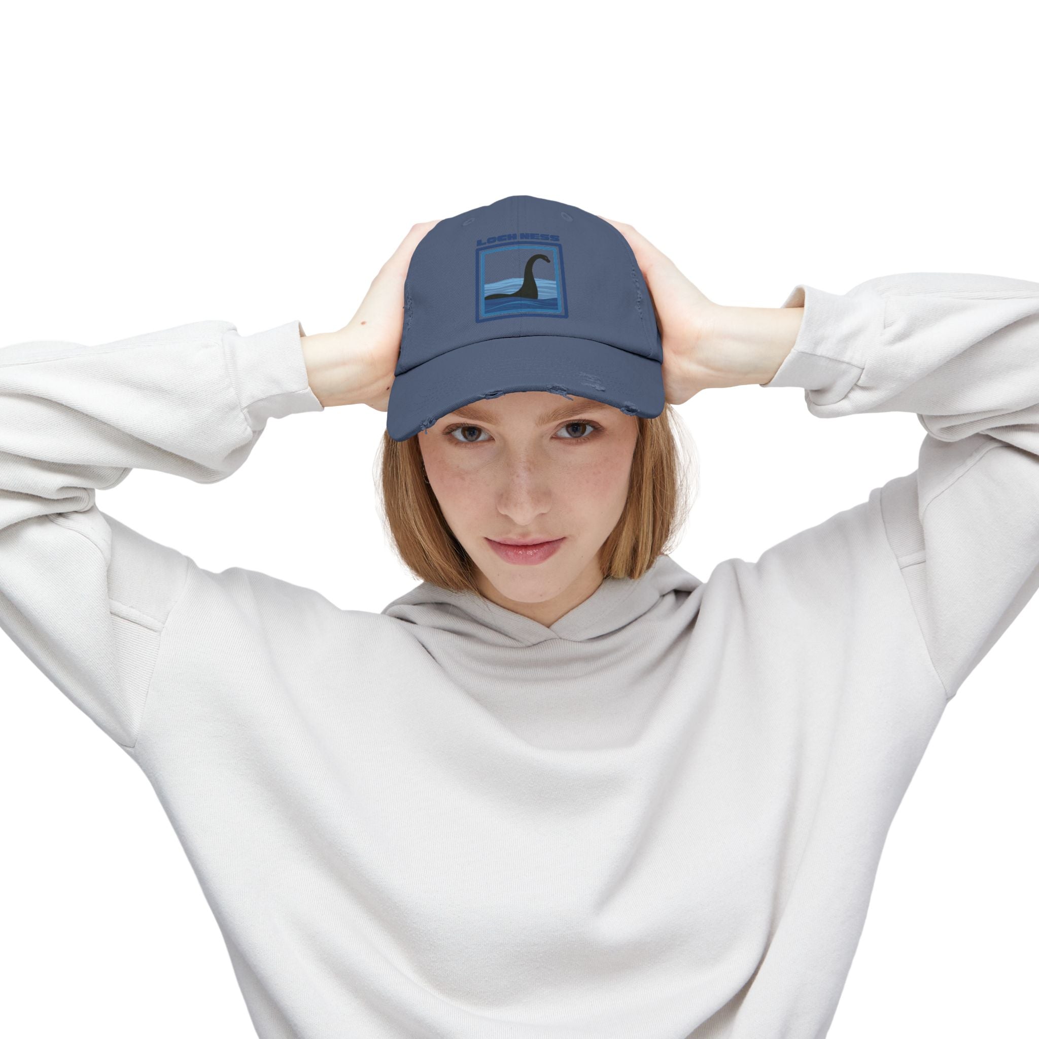 Loch Ness Monster: Unisex Distressed Cap, Adjustable Strap, Casual Outdoor Style (Blue)