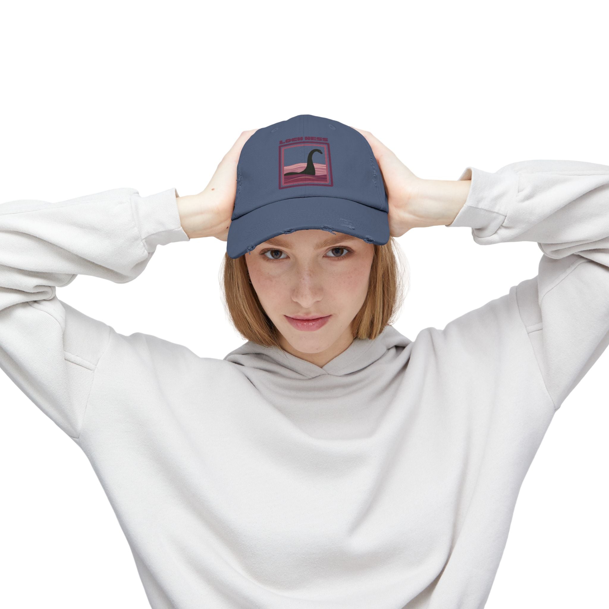 Loch Ness Monster: Unisex Distressed Cap, Adjustable Strap, Casual Outdoor Style (Maroon)