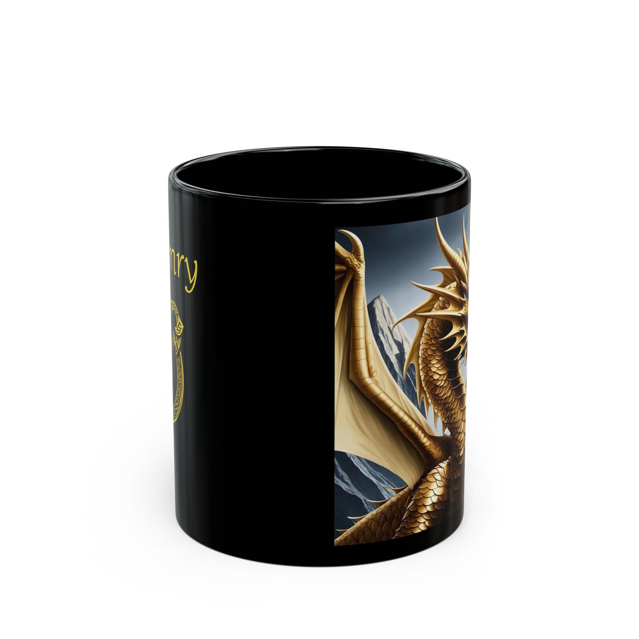 Personalized Dragon Coffee Mug: Customizable Family Crest, DnD Gift, Gold Drake