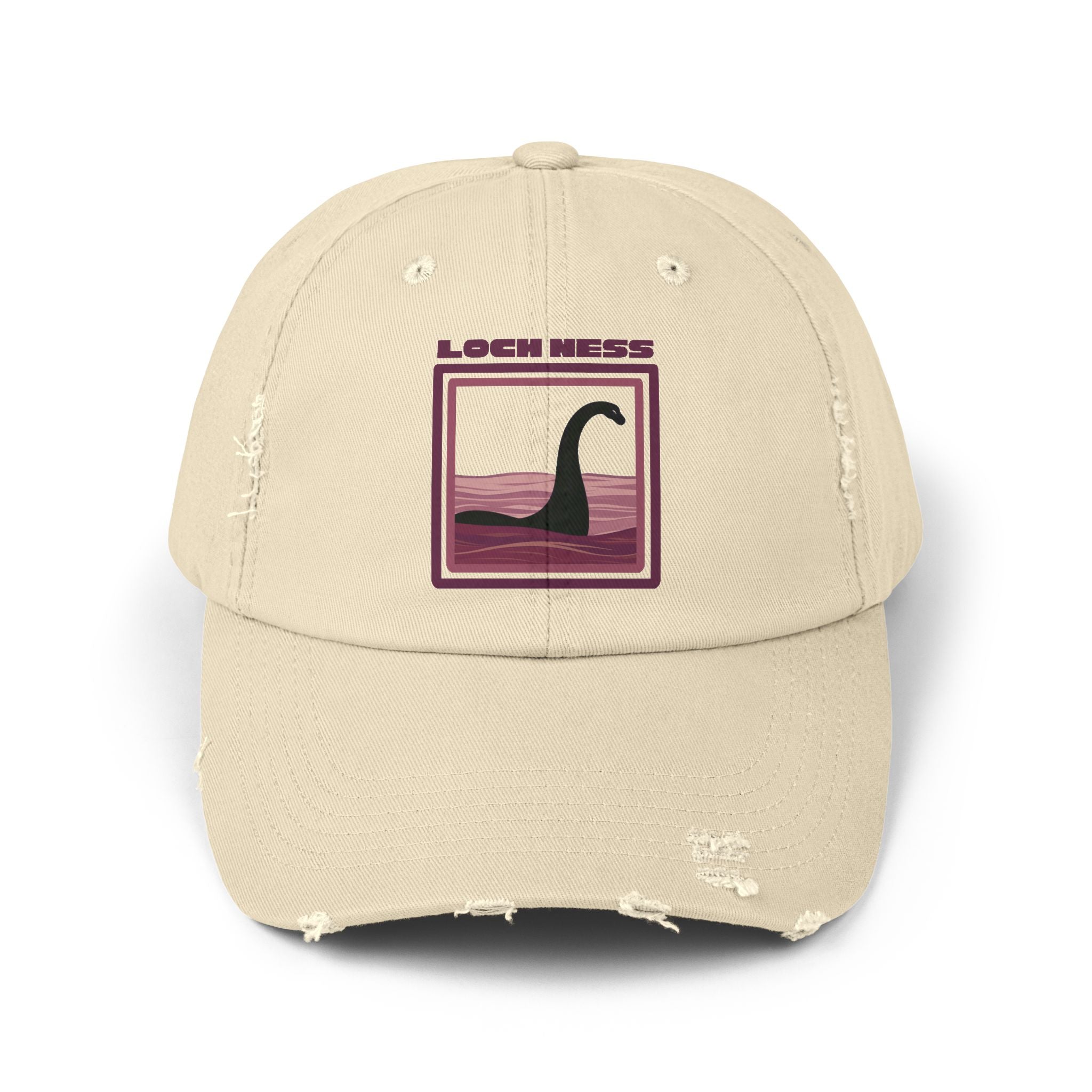 Loch Ness Monster: Unisex Distressed Cap, Adjustable Strap, Casual Outdoor Style (Maroon)