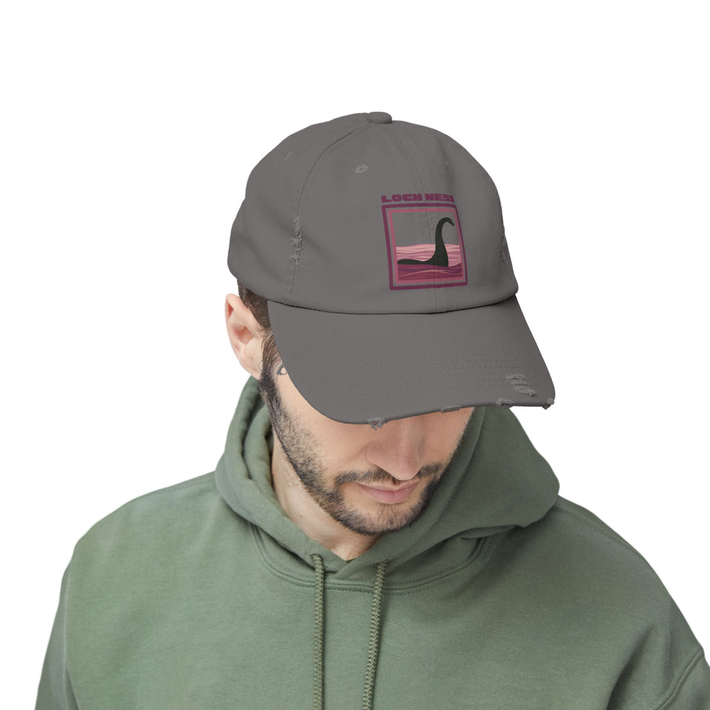 Loch Ness Monster: Unisex Distressed Cap, Adjustable Strap, Casual Outdoor Style (Maroon)