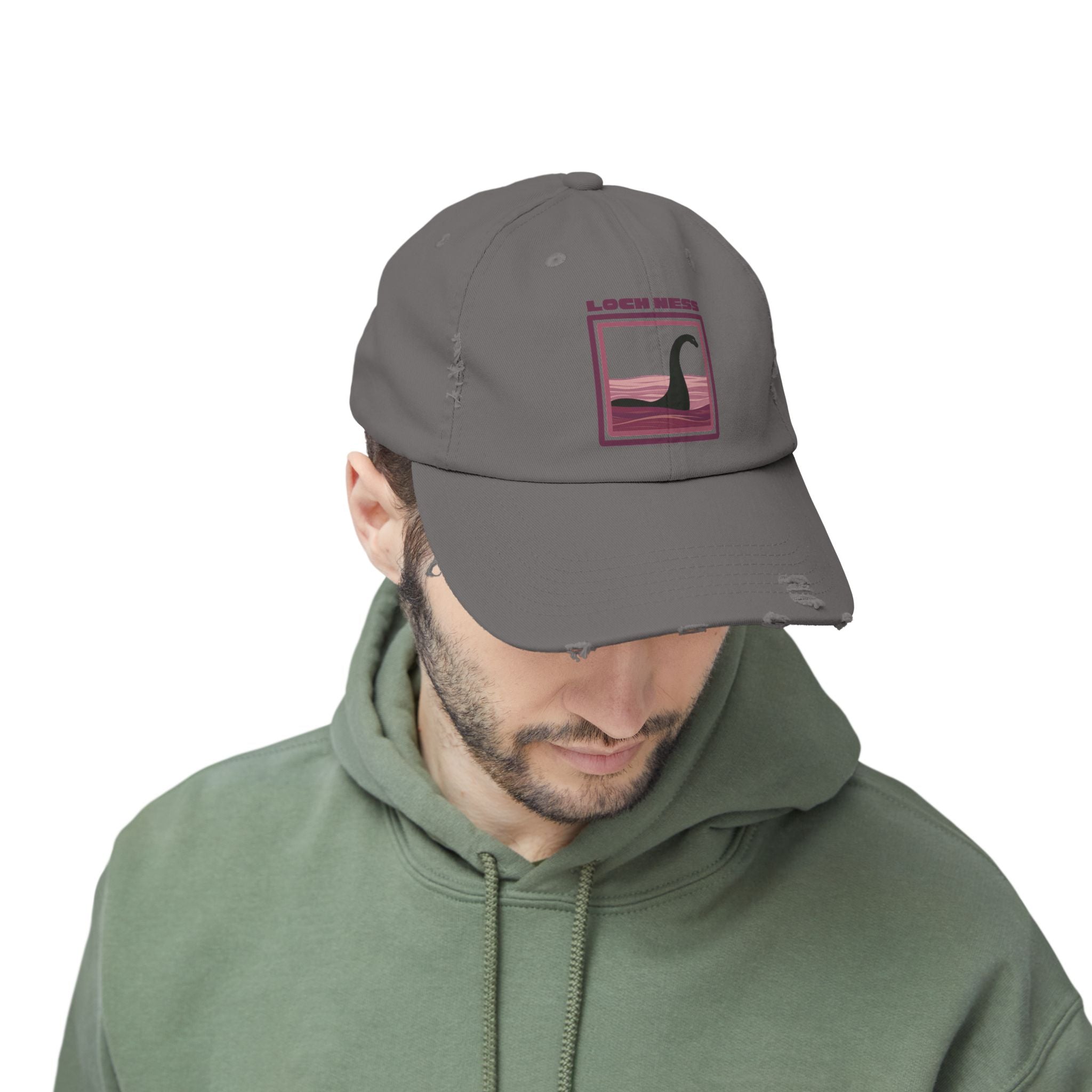 Loch Ness Monster: Unisex Distressed Cap, Adjustable Strap, Casual Outdoor Style (Maroon)