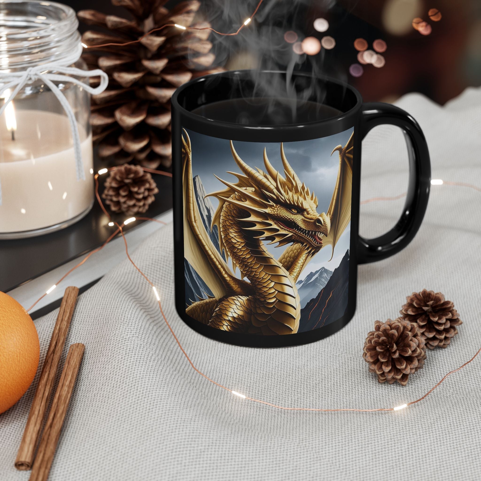 Personalized Dragon Coffee Mug: Customizable Family Crest, DnD Gift, Gold Drake
