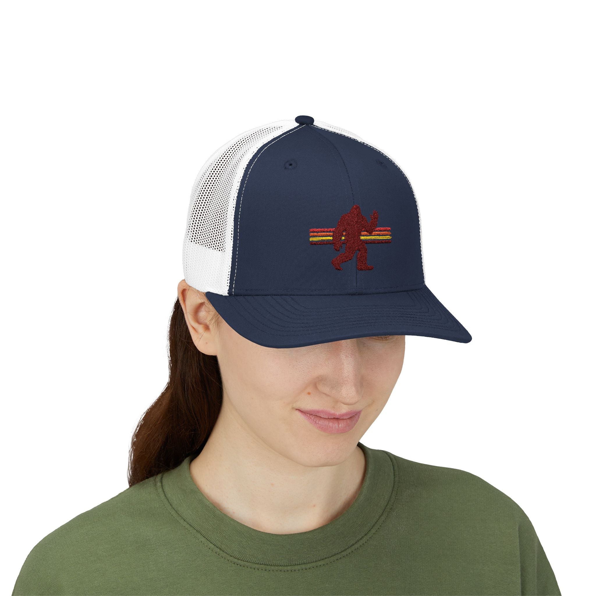 Bigfoot Trucker Hat: Embroidered Baseball Cap, Sasquatch Snapback Hat
