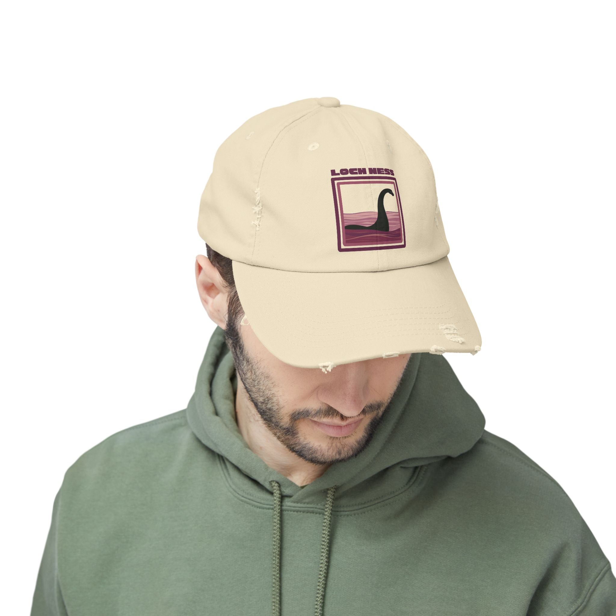 Loch Ness Monster: Unisex Distressed Cap, Adjustable Strap, Casual Outdoor Style (Maroon)
