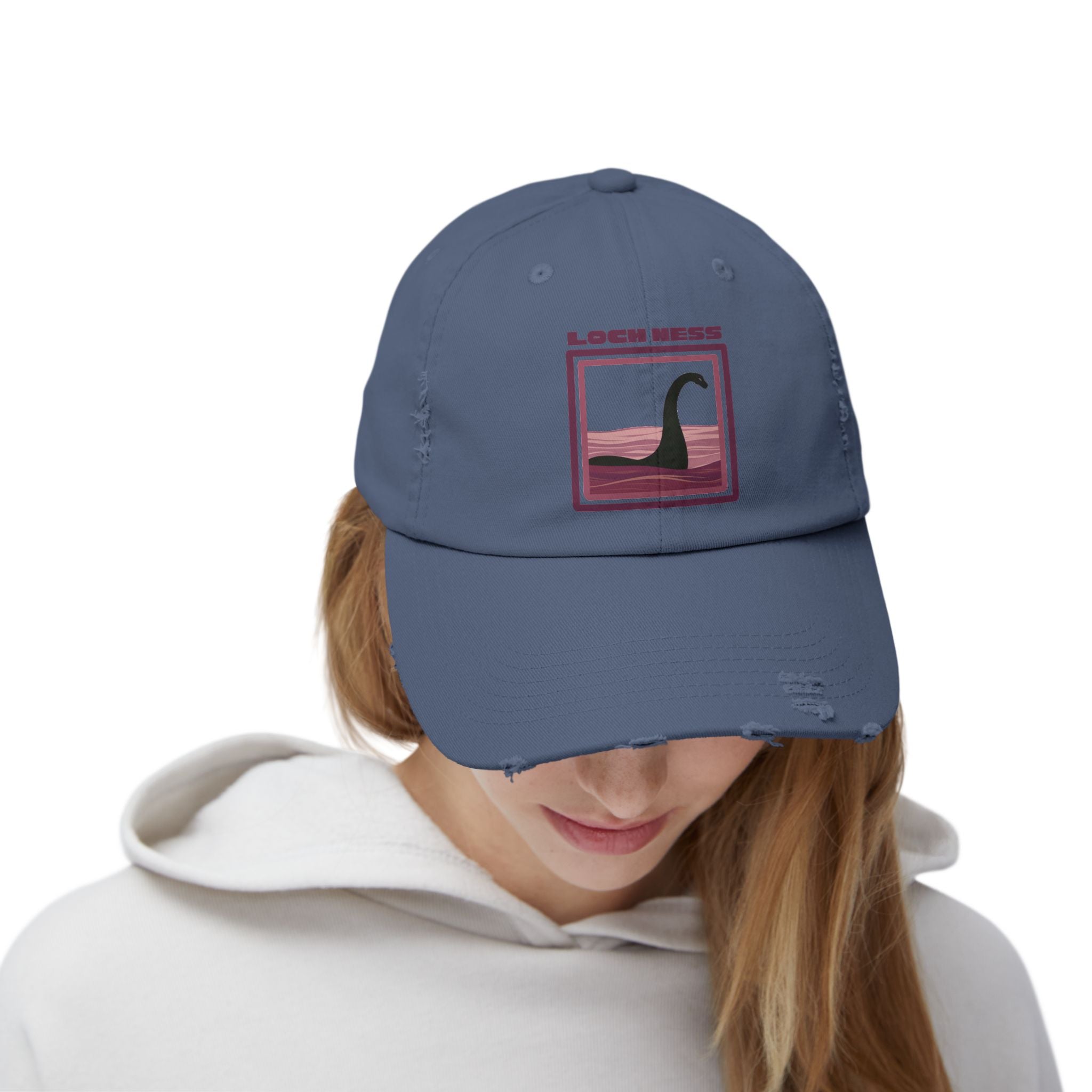 Loch Ness Monster: Unisex Distressed Cap, Adjustable Strap, Casual Outdoor Style (Maroon)