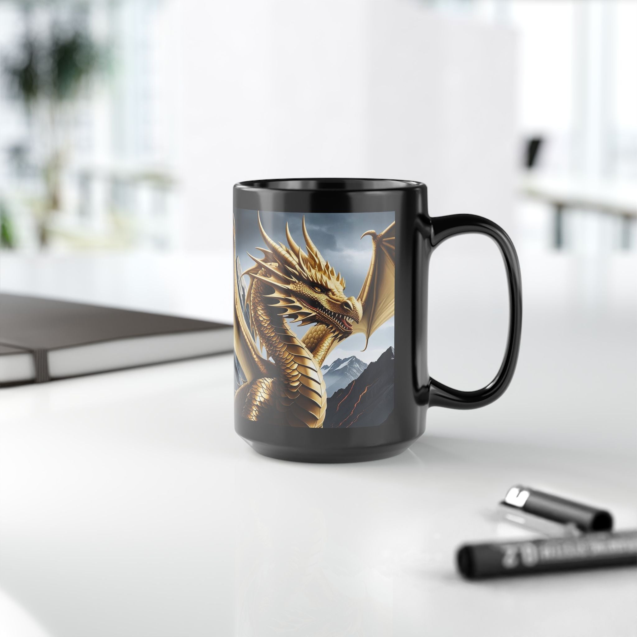 Personalized Dragon Coffee Mug: Customizable Family Crest, DnD Gift, Gold Drake
