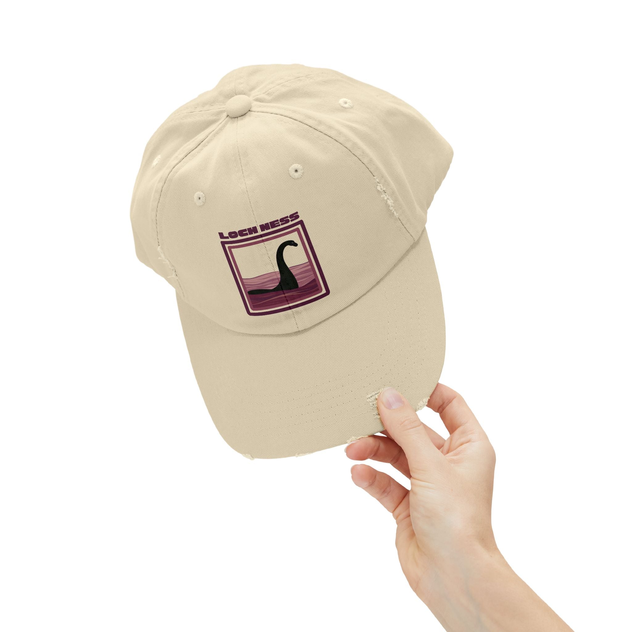Loch Ness Monster: Unisex Distressed Cap, Adjustable Strap, Casual Outdoor Style (Maroon)