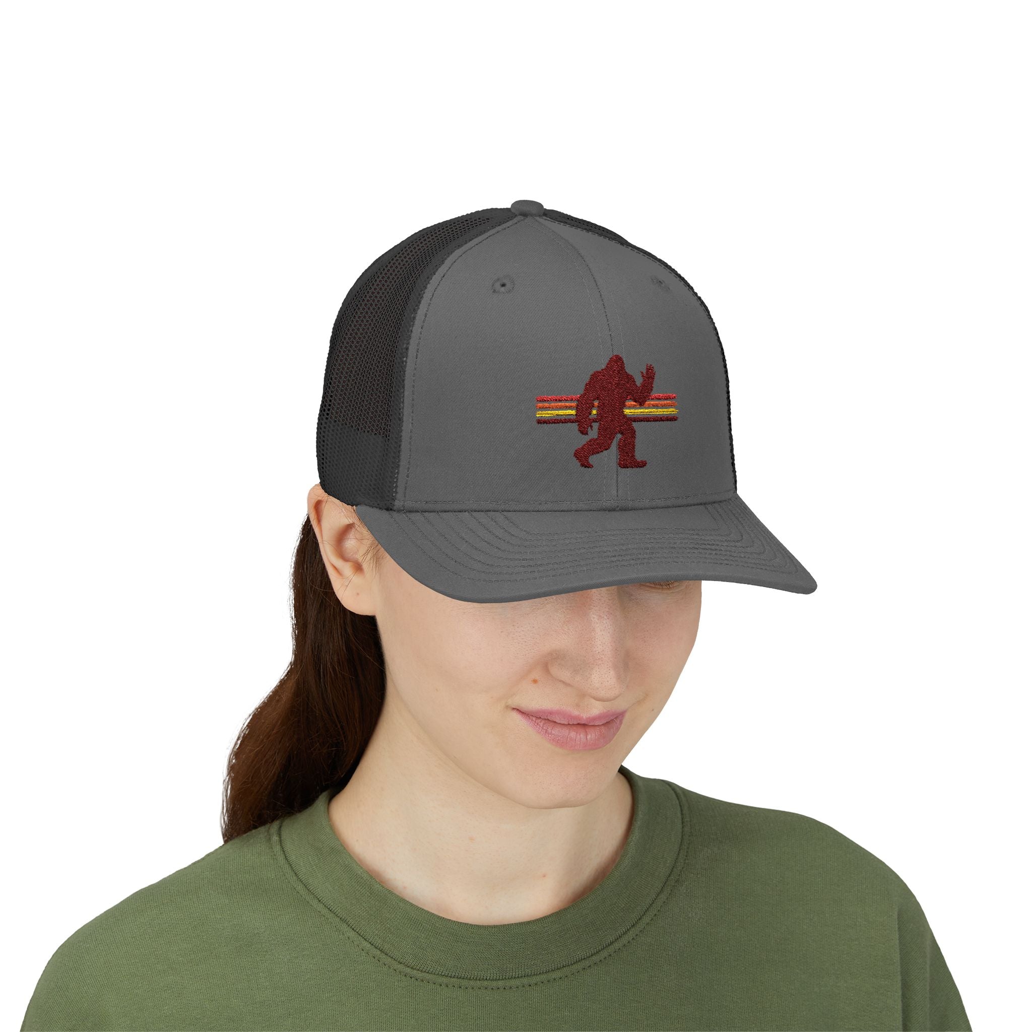 Bigfoot Trucker Hat: Embroidered Baseball Cap, Sasquatch Snapback Hat