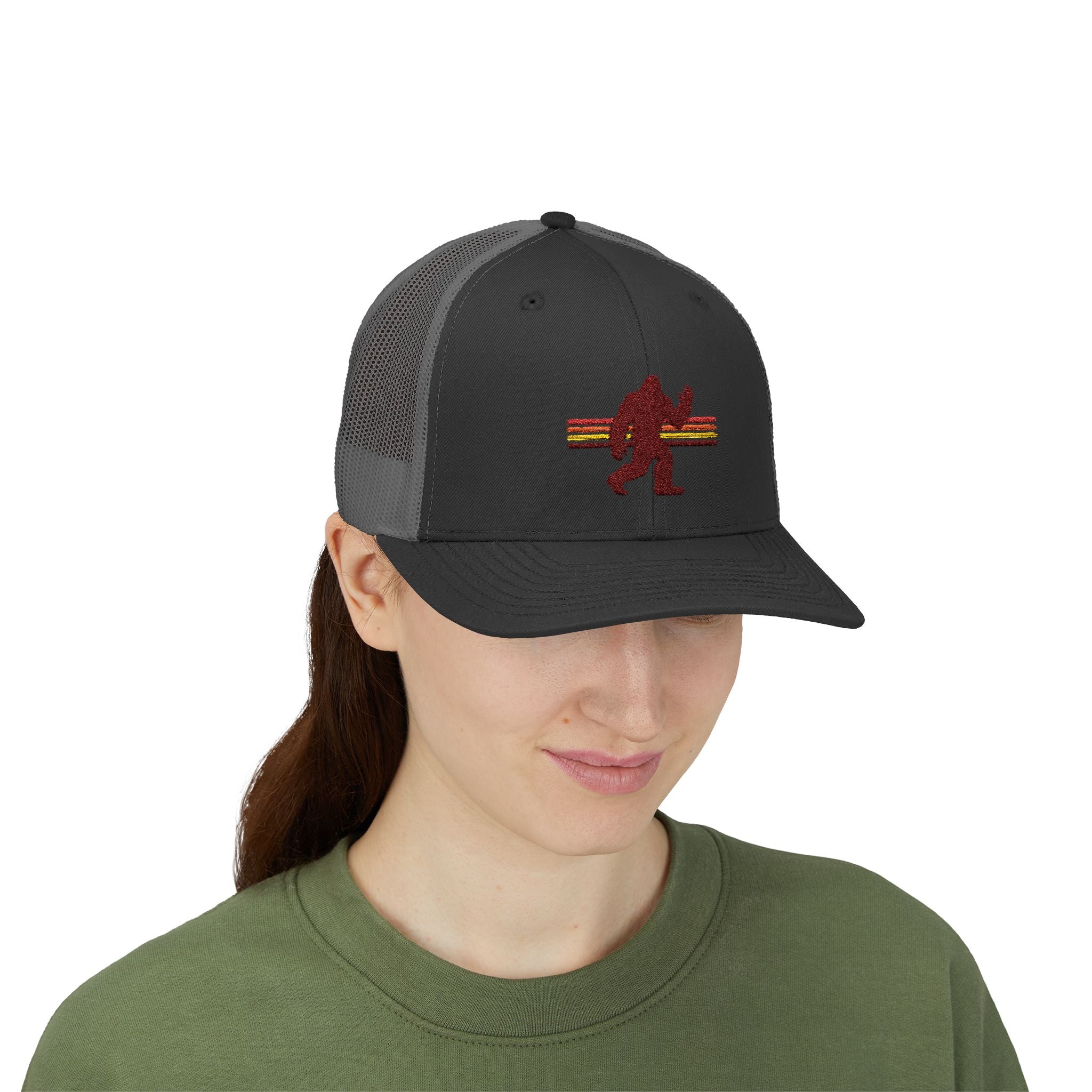 Bigfoot Trucker Hat: Embroidered Baseball Cap, Sasquatch Snapback Hat