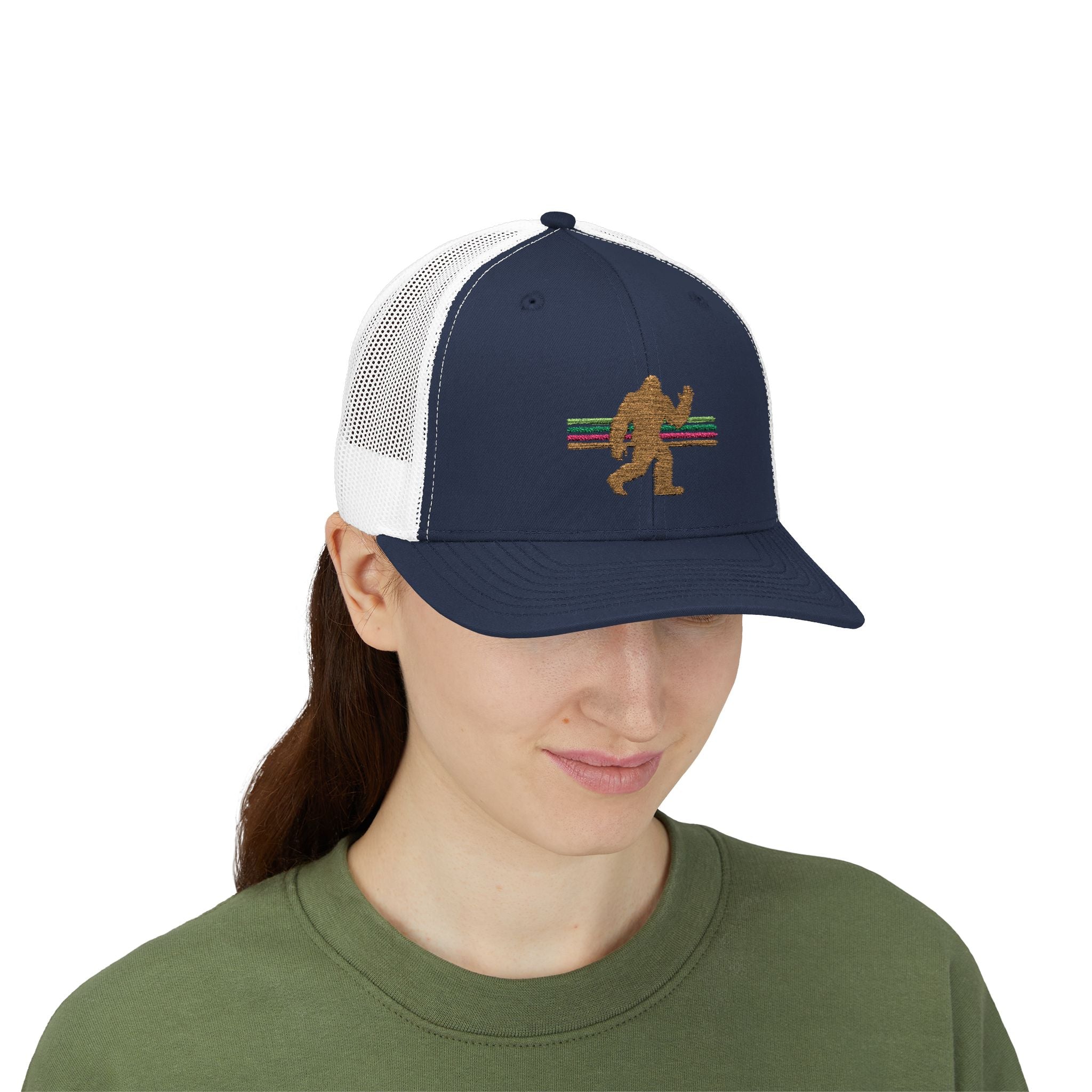 Bigfoot Trucker Hat: Embroidered Sasquatch, Baseball Cap, Custom Snapback Hat