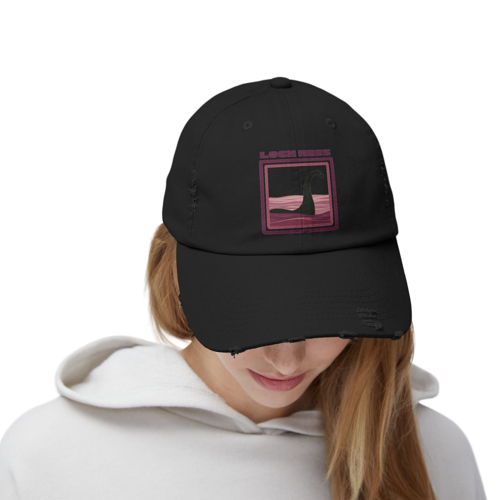 Loch Ness Monster: Unisex Distressed Cap, Adjustable Strap, Casual Outdoor Style (Maroon)