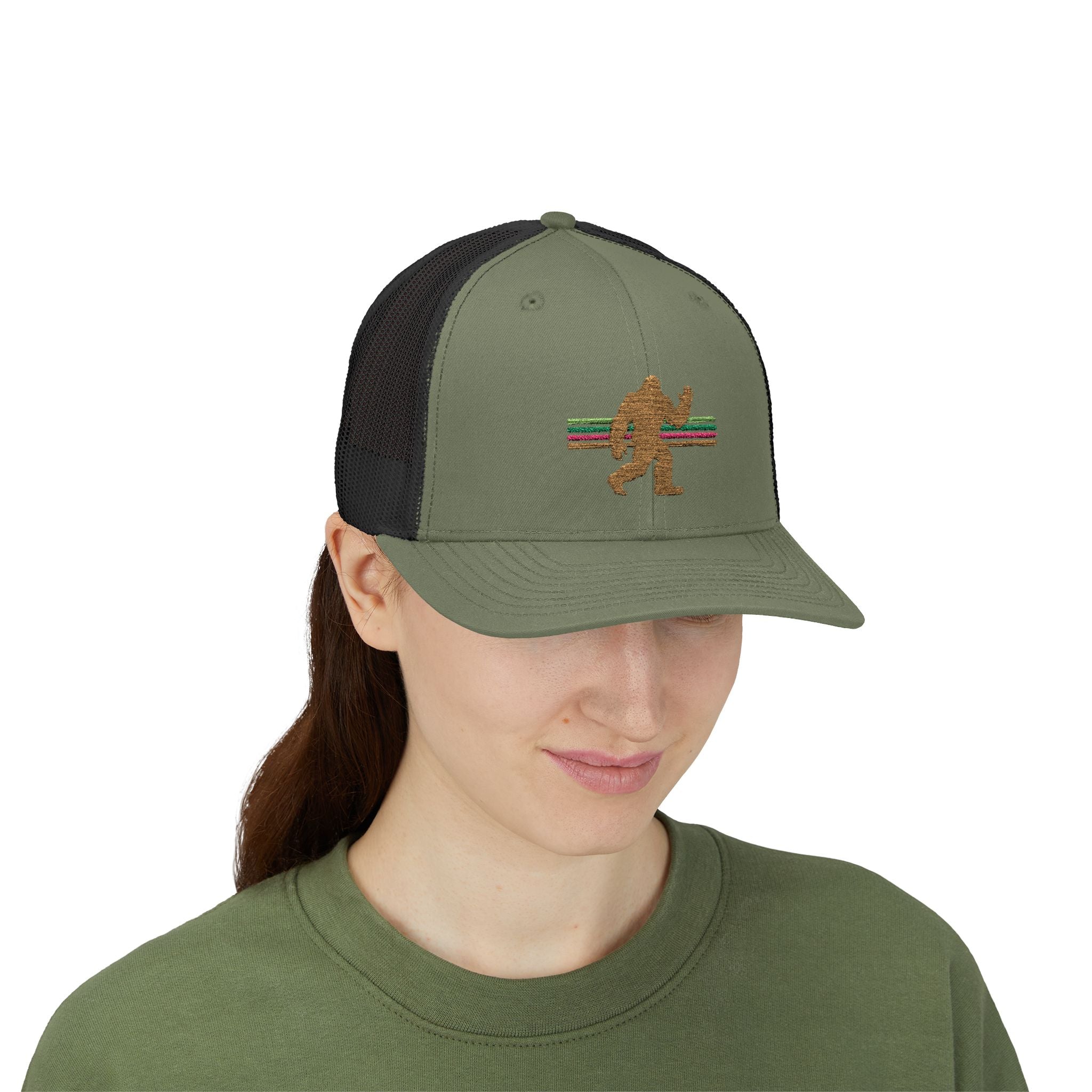 Bigfoot Trucker Hat: Embroidered Sasquatch, Baseball Cap, Custom Snapback Hat