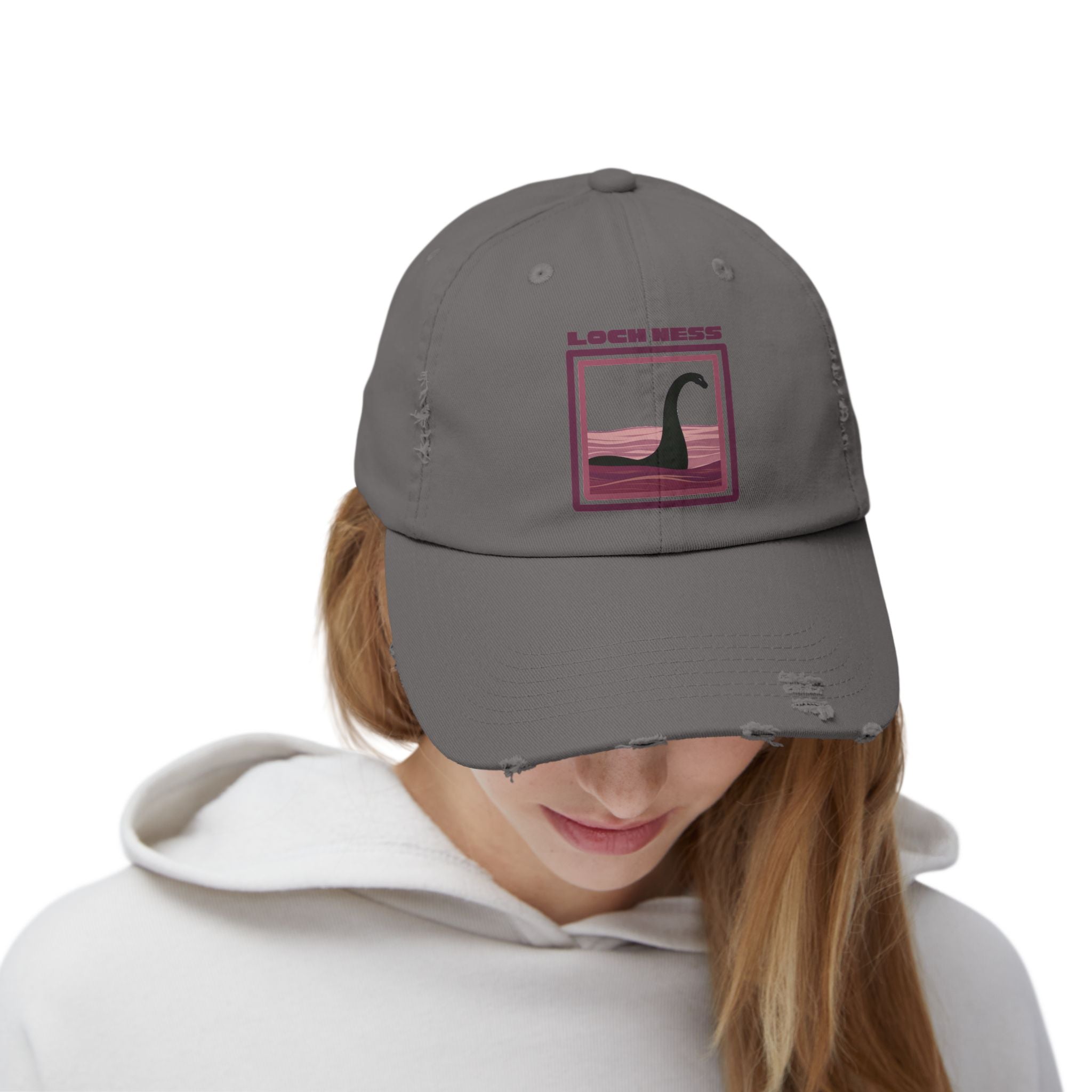 Loch Ness Monster: Unisex Distressed Cap, Adjustable Strap, Casual Outdoor Style (Maroon)