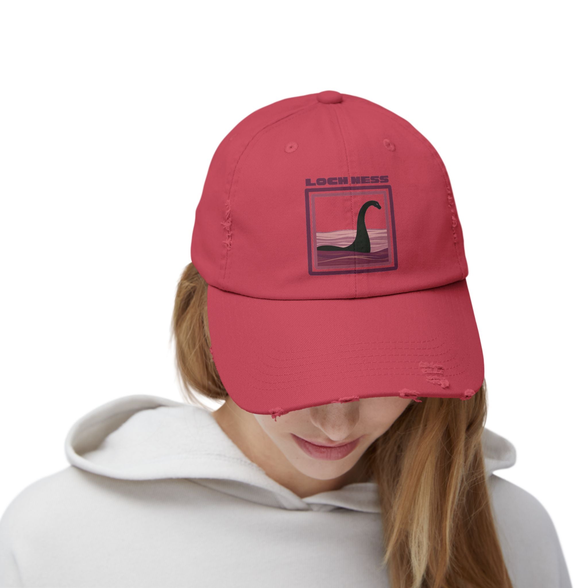 Loch Ness Monster: Unisex Distressed Cap, Adjustable Strap, Casual Outdoor Style (Maroon)
