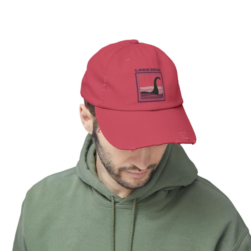 Loch Ness Monster: Unisex Distressed Cap, Adjustable Strap, Casual Outdoor Style (Maroon)