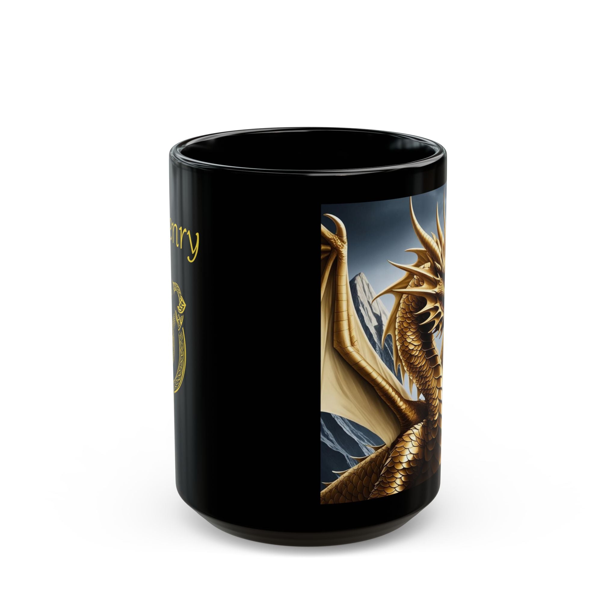 Personalized Dragon Coffee Mug: Customizable Family Crest, DnD Gift, Gold Drake