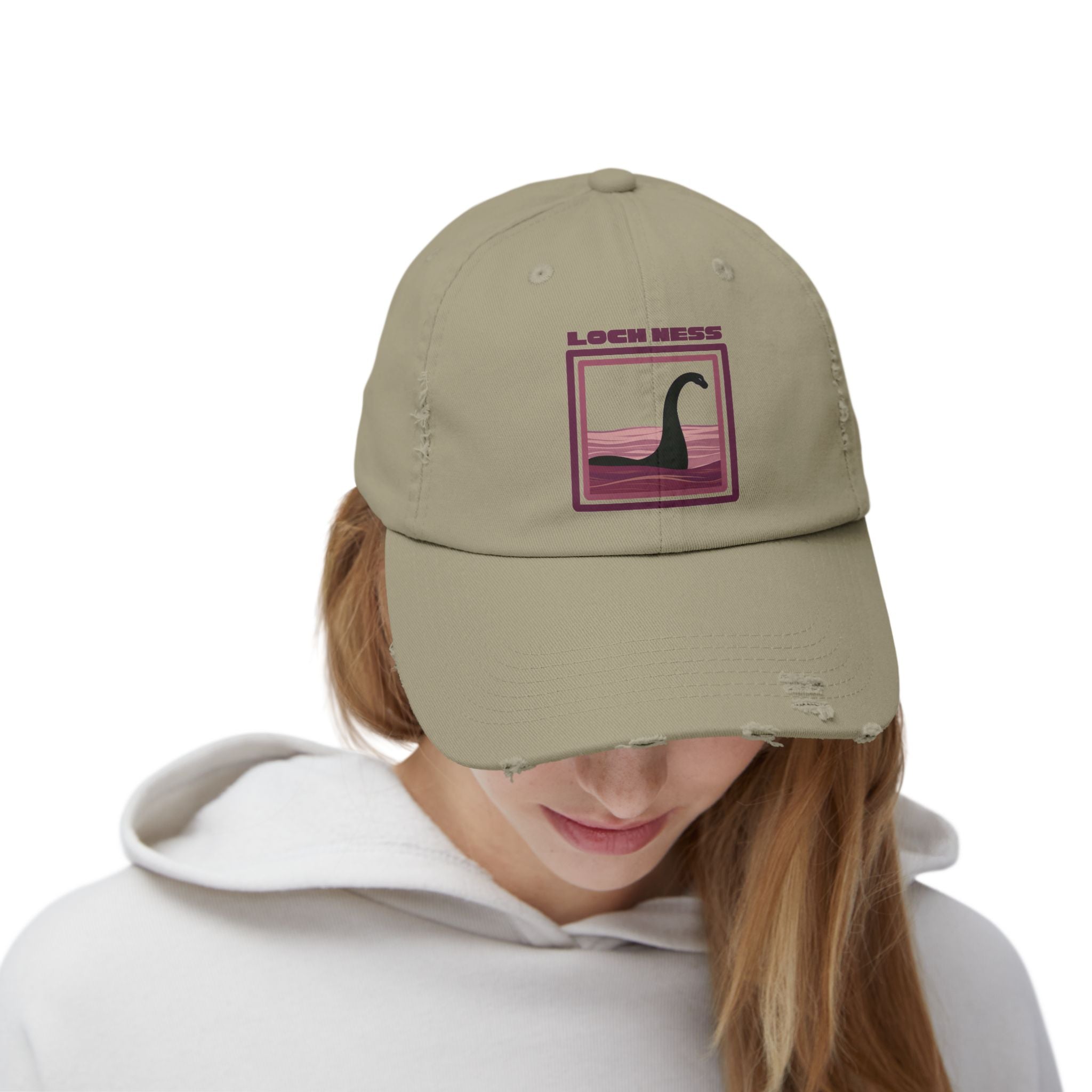 Loch Ness Monster: Unisex Distressed Cap, Adjustable Strap, Casual Outdoor Style (Maroon)
