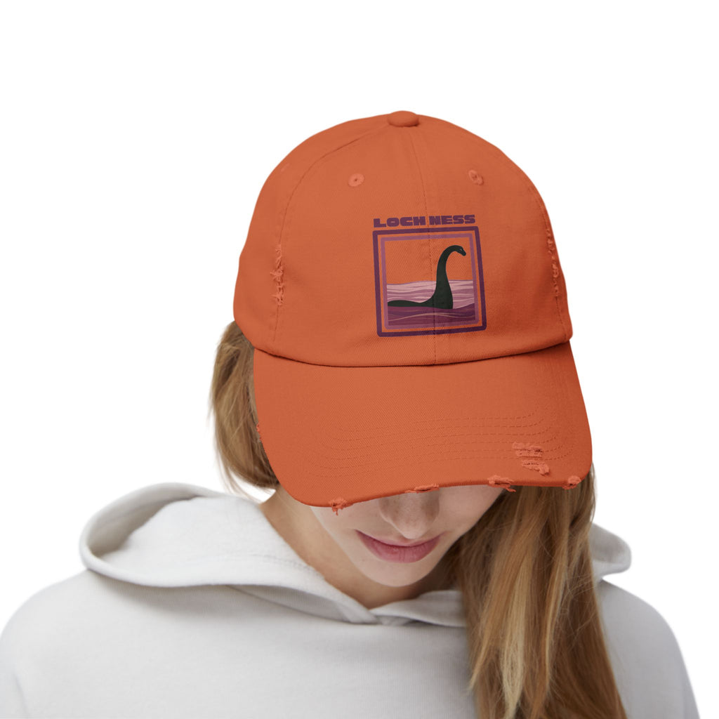 Loch Ness Monster: Unisex Distressed Cap, Adjustable Strap, Casual Outdoor Style (Maroon)