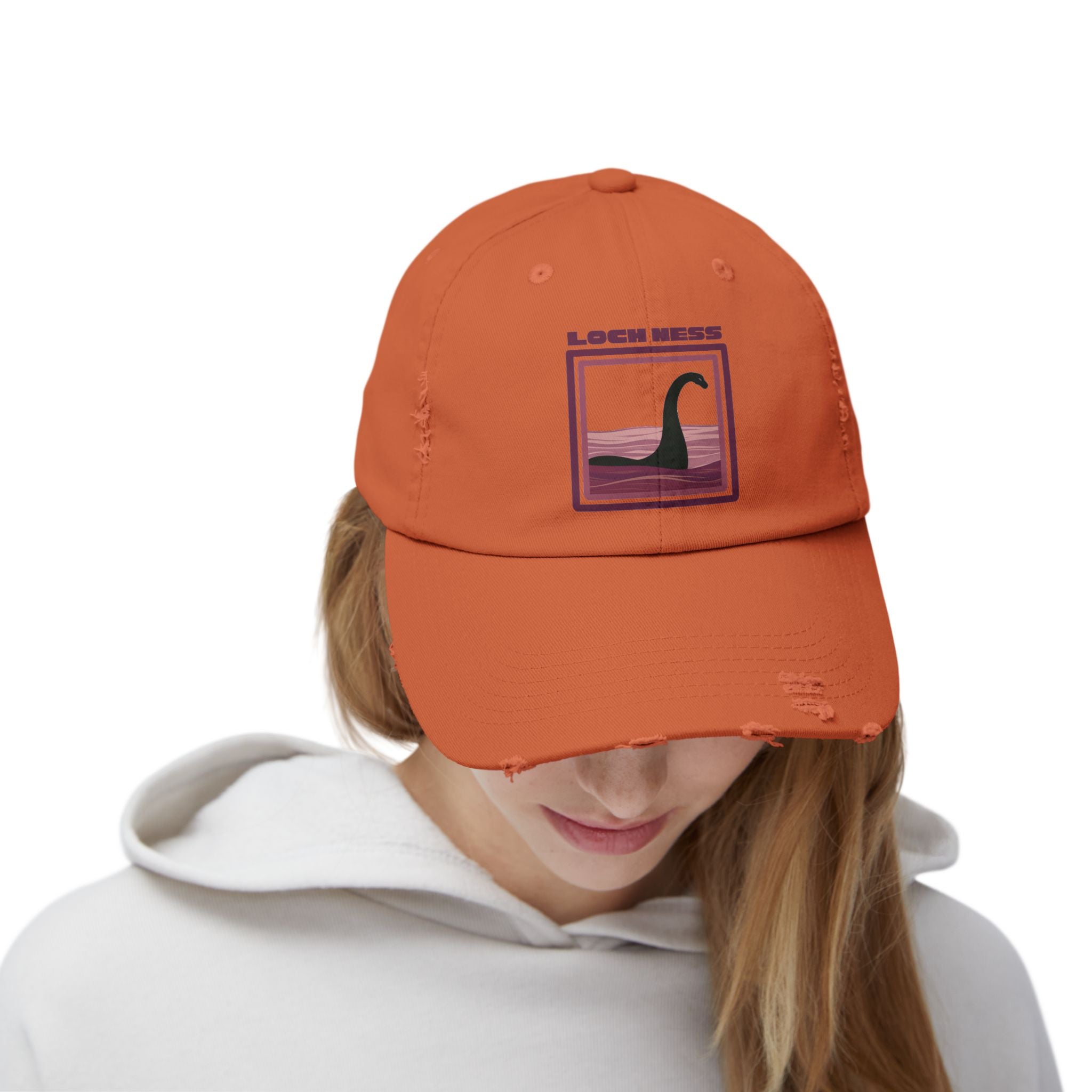 Loch Ness Monster: Unisex Distressed Cap, Adjustable Strap, Casual Outdoor Style (Maroon)