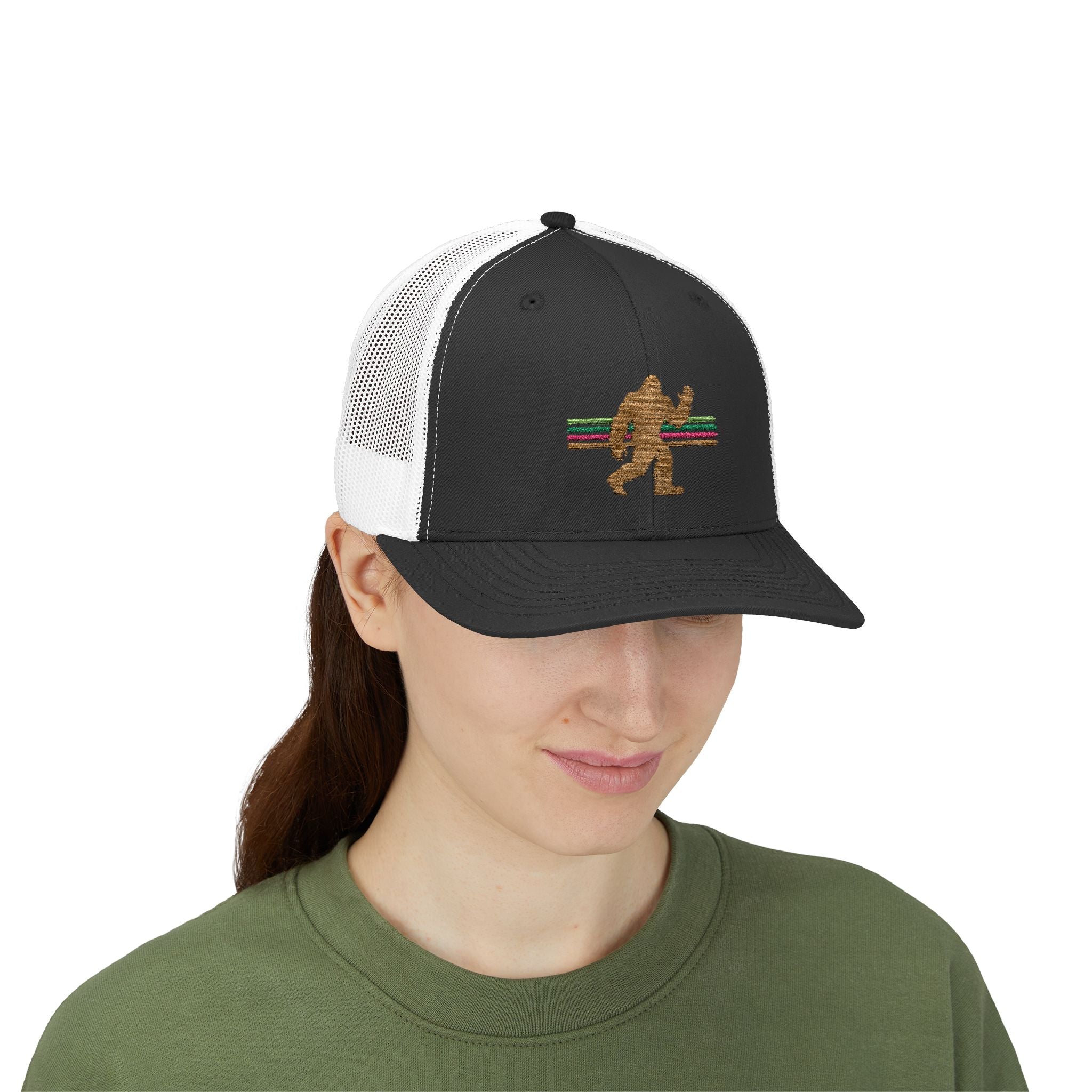 Bigfoot Trucker Hat: Embroidered Sasquatch, Baseball Cap, Custom Snapback Hat