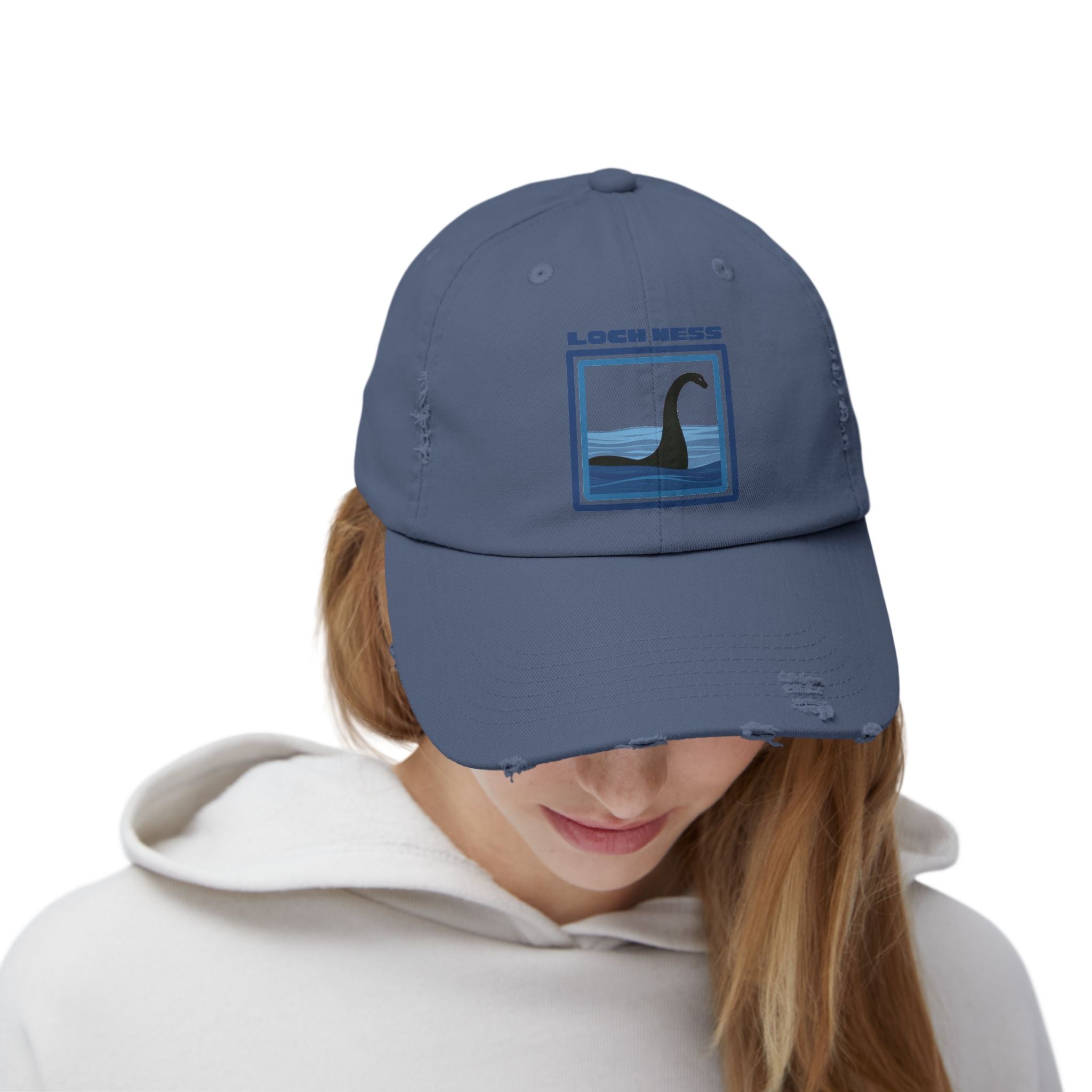 Loch Ness Monster: Unisex Distressed Cap, Adjustable Strap, Casual Outdoor Style (Blue)