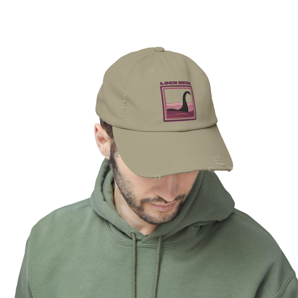 Loch Ness Monster: Unisex Distressed Cap, Adjustable Strap, Casual Outdoor Style (Maroon)