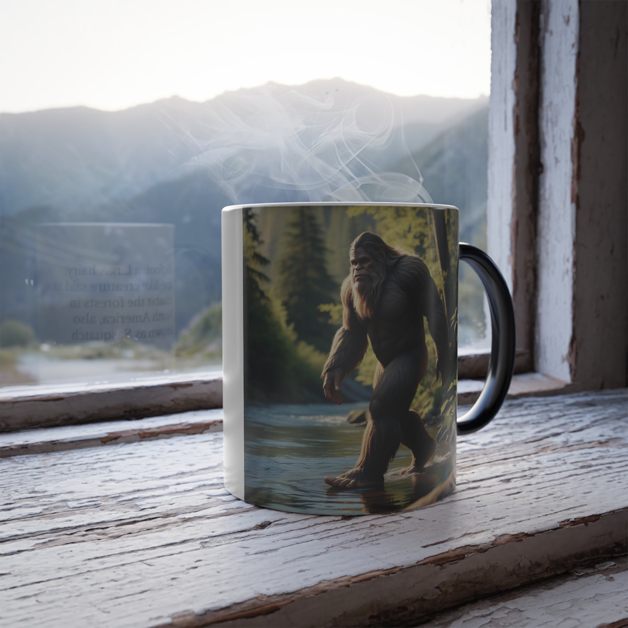 Color Changing Bigfoot Coffee Mug: Sasquatch, Mythical Creature, Camping Gift (River)
