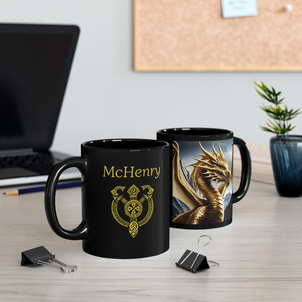 Personalized Dragon Coffee Mug: Customizable Family Crest, DnD Gift, Gold Drake