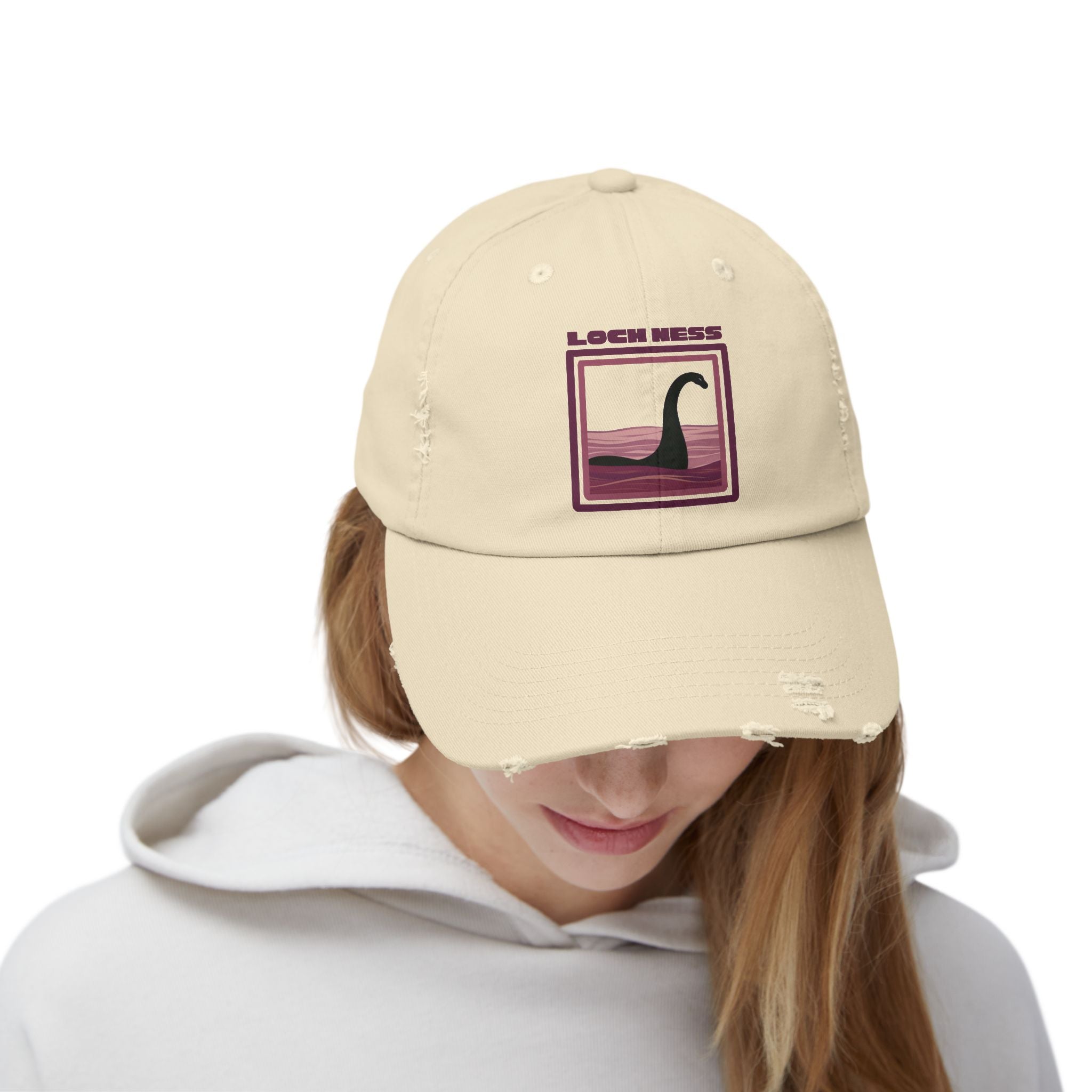 Loch Ness Monster: Unisex Distressed Cap, Adjustable Strap, Casual Outdoor Style (Maroon)