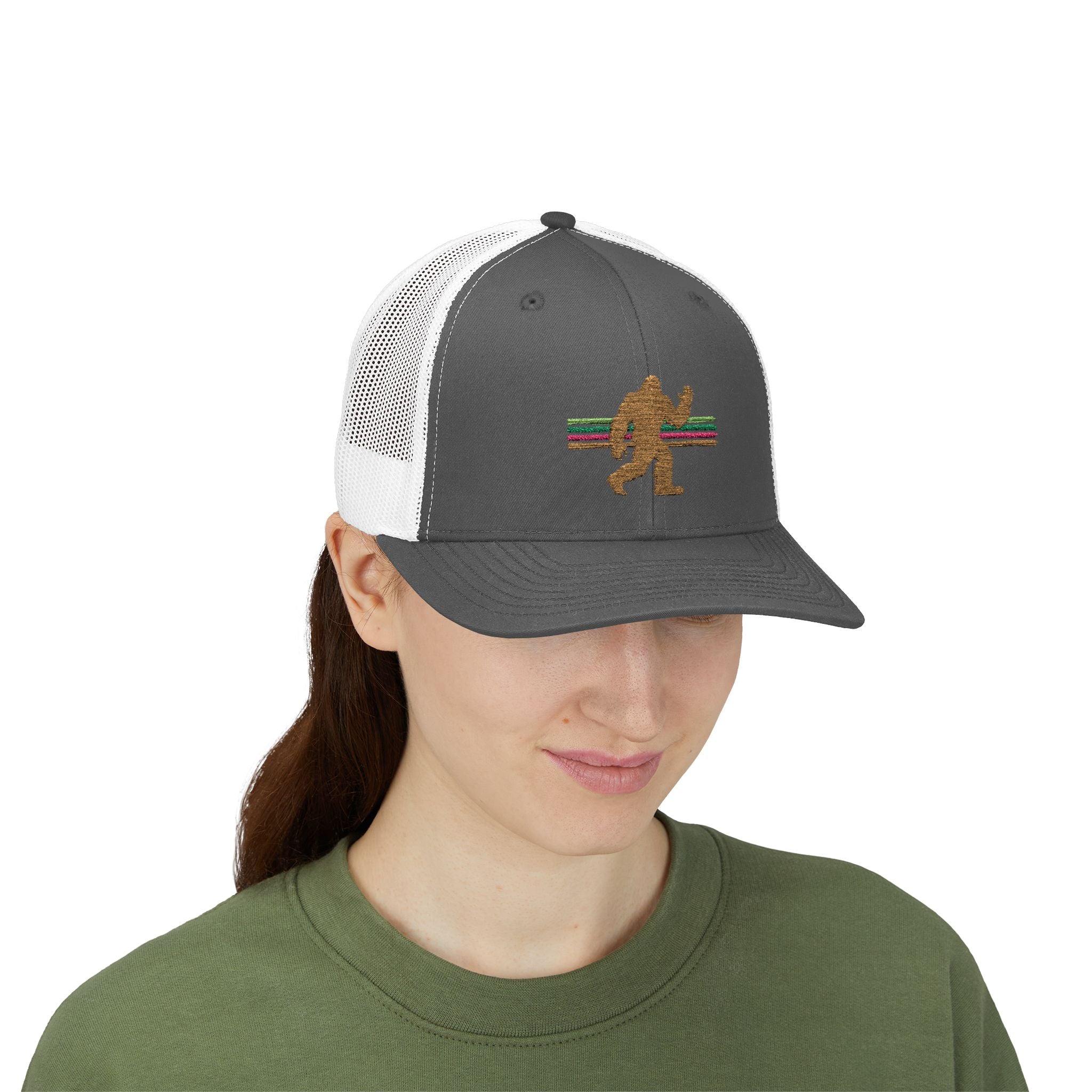 Bigfoot Trucker Hat: Embroidered Sasquatch, Baseball Cap, Custom Snapback Hat