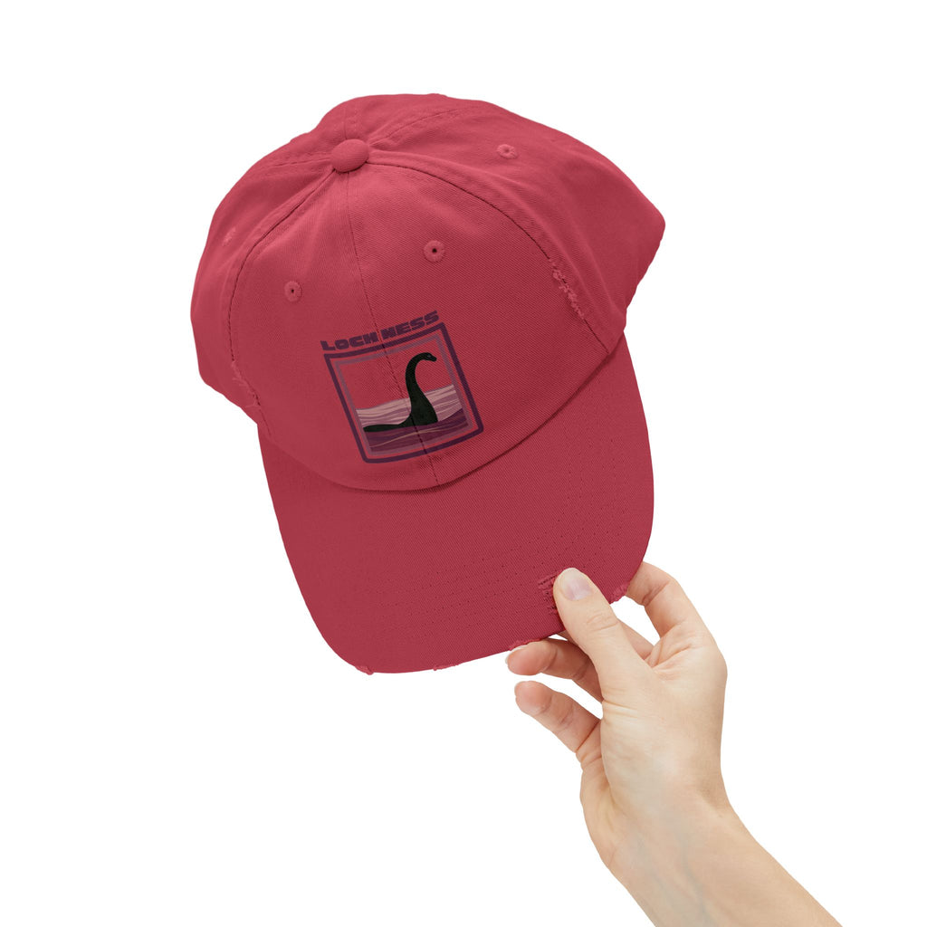 Loch Ness Monster: Unisex Distressed Cap, Adjustable Strap, Casual Outdoor Style (Maroon)