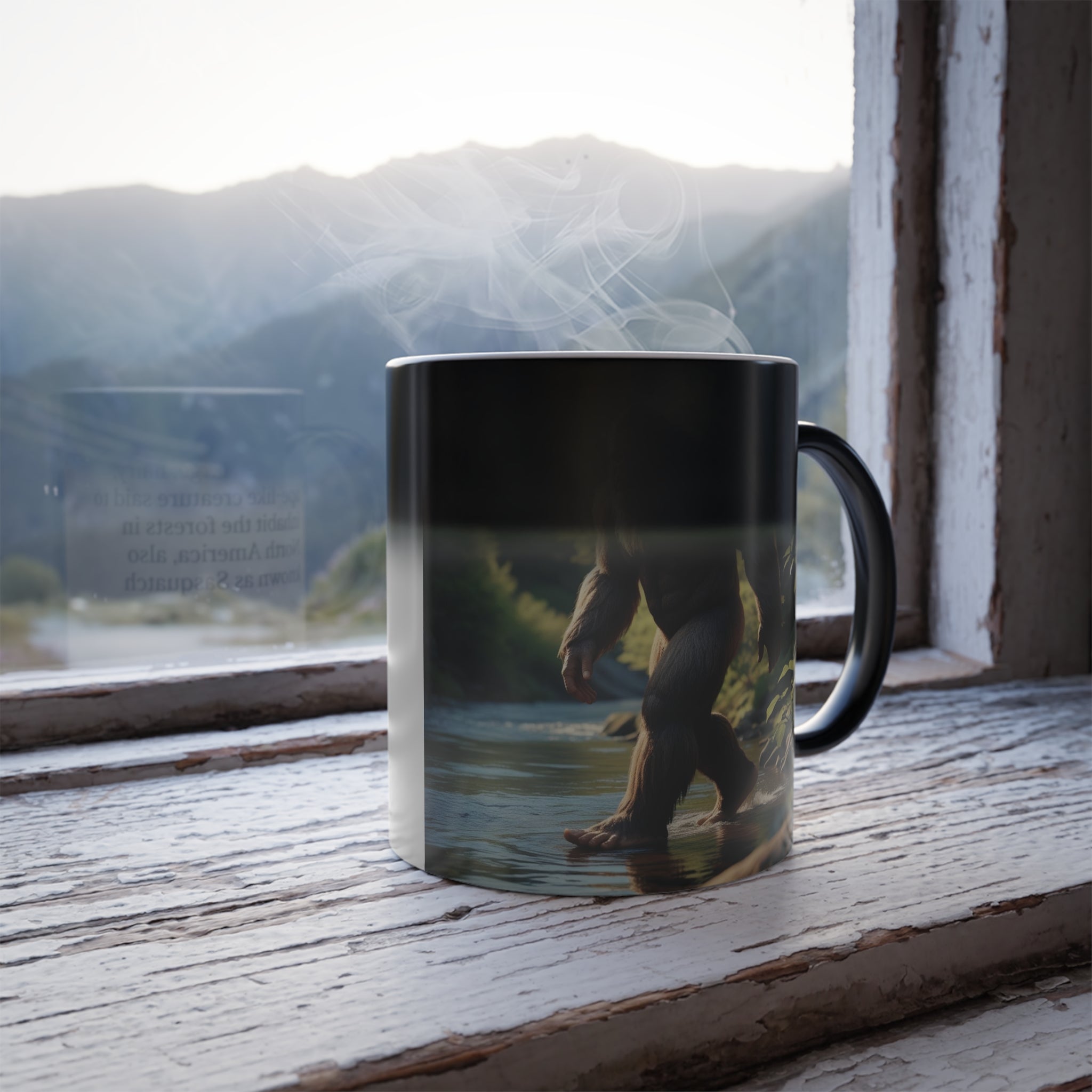 Color Changing Bigfoot Coffee Mug: Sasquatch, Mythical Creature, Camping Gift (River)