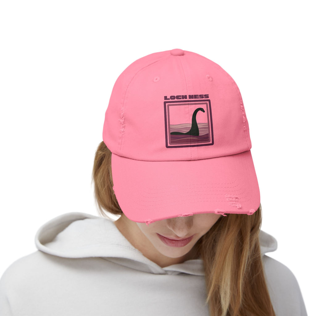 Loch Ness Monster: Unisex Distressed Cap, Adjustable Strap, Casual Outdoor Style (Maroon)