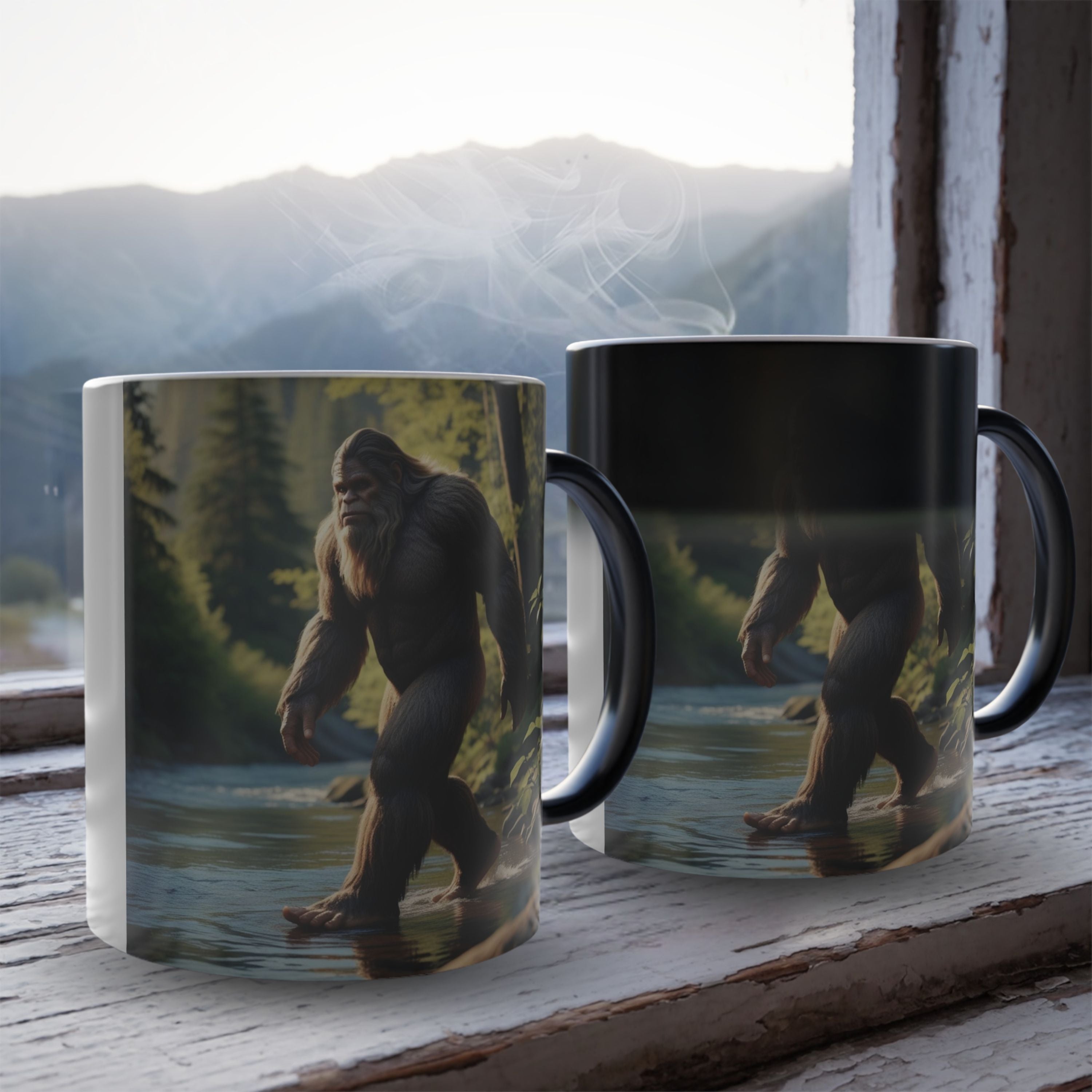 Color Changing Bigfoot Coffee Mug: Sasquatch, Mythical Creature, Camping Gift (River)