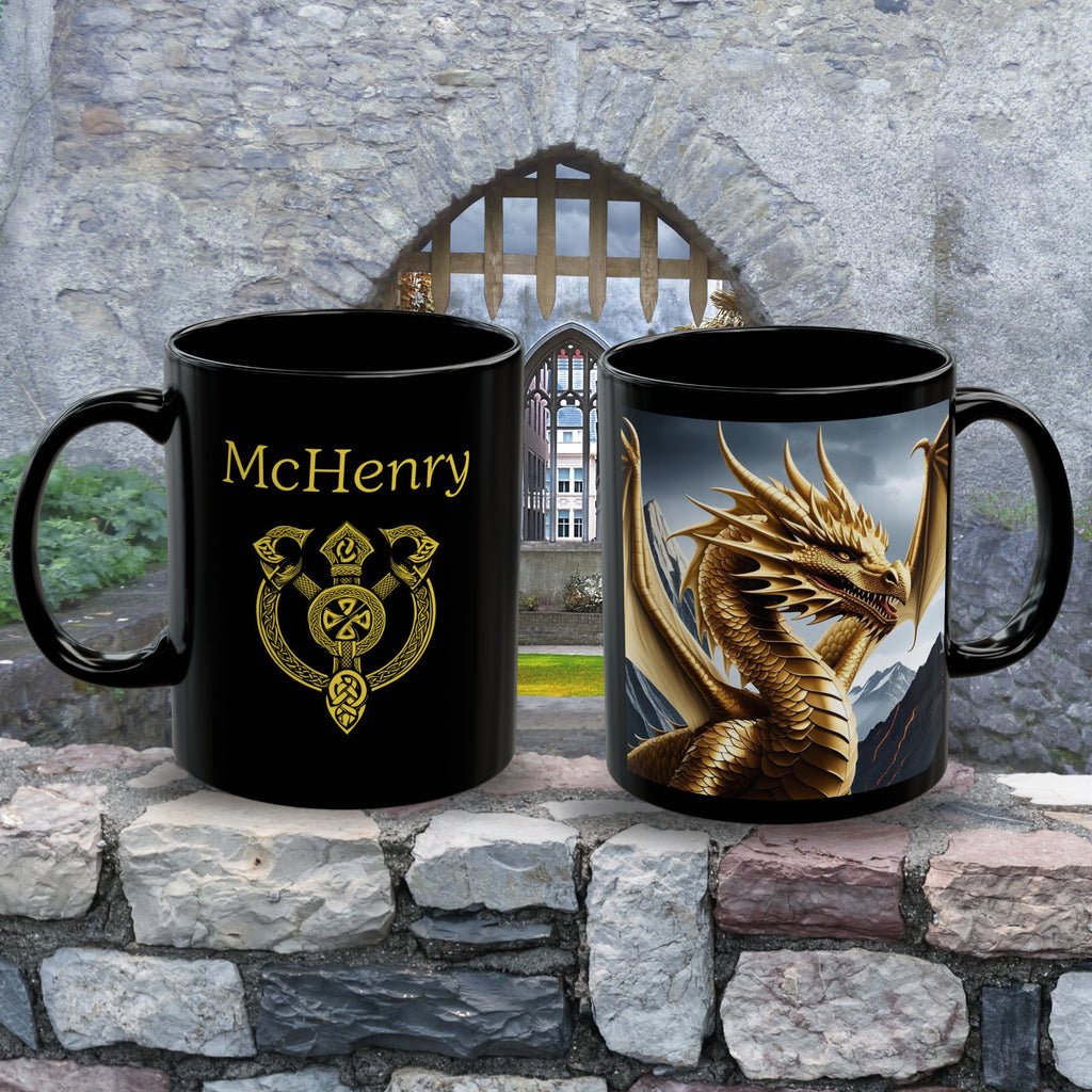 Personalized Dragon Coffee Mug: Customizable Family Crest, DnD Gift, Gold Drake