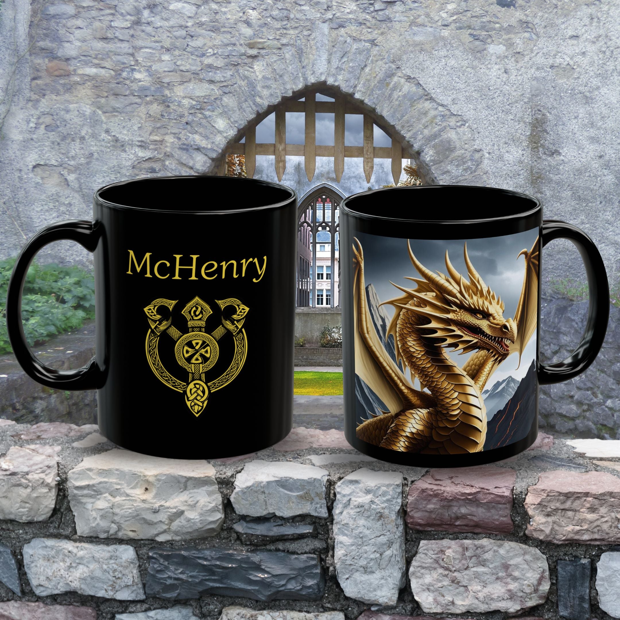 Personalized Dragon Coffee Mug: Customizable Family Crest, DnD Gift, Gold Drake