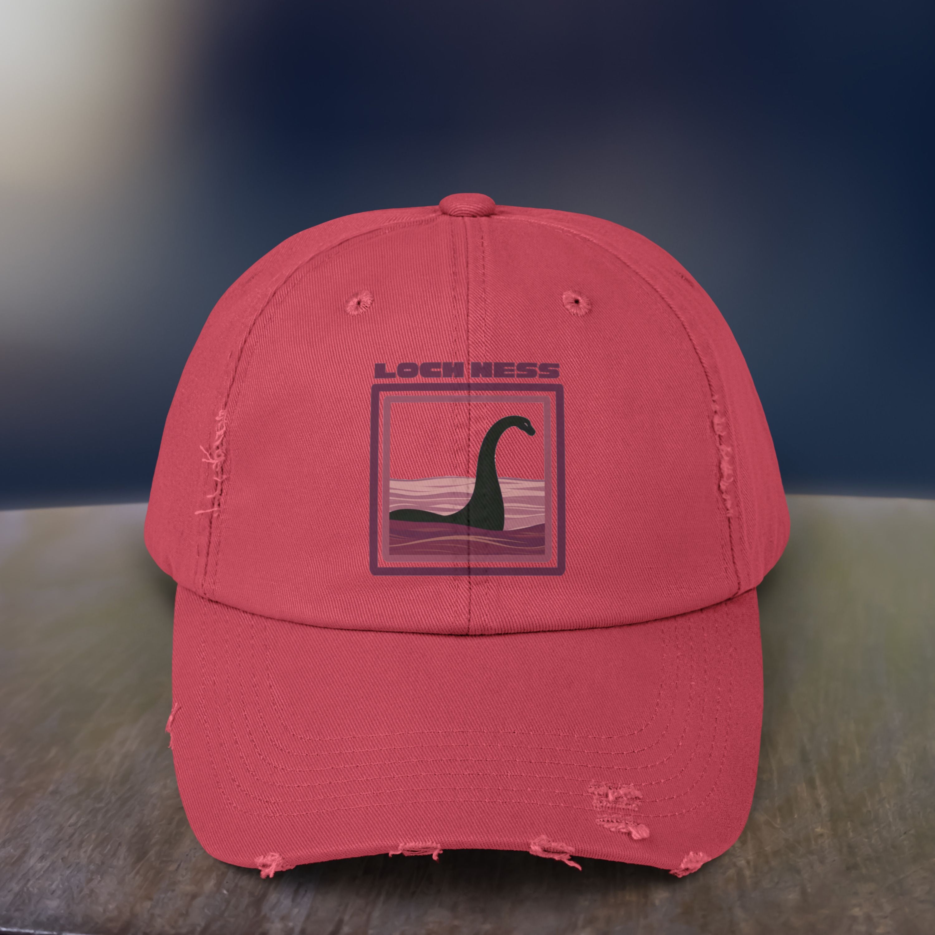 Loch Ness Monster: Unisex Distressed Cap, Adjustable Strap, Casual Outdoor Style (Maroon)