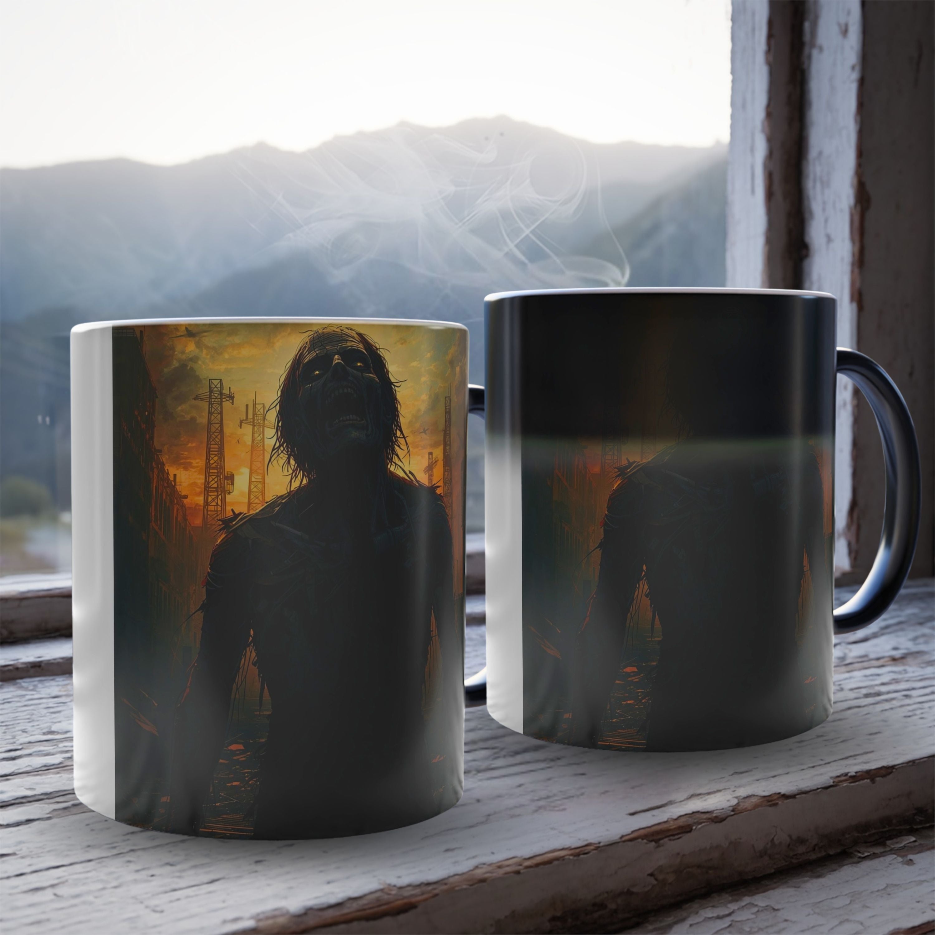 Color Changing Zombie Mug: End of Days Roast, Halloween Horror (Cityscape)